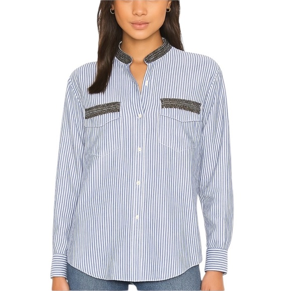 NWT The Kooples Striped Shirt with Beads and Jewels Blue Size 8